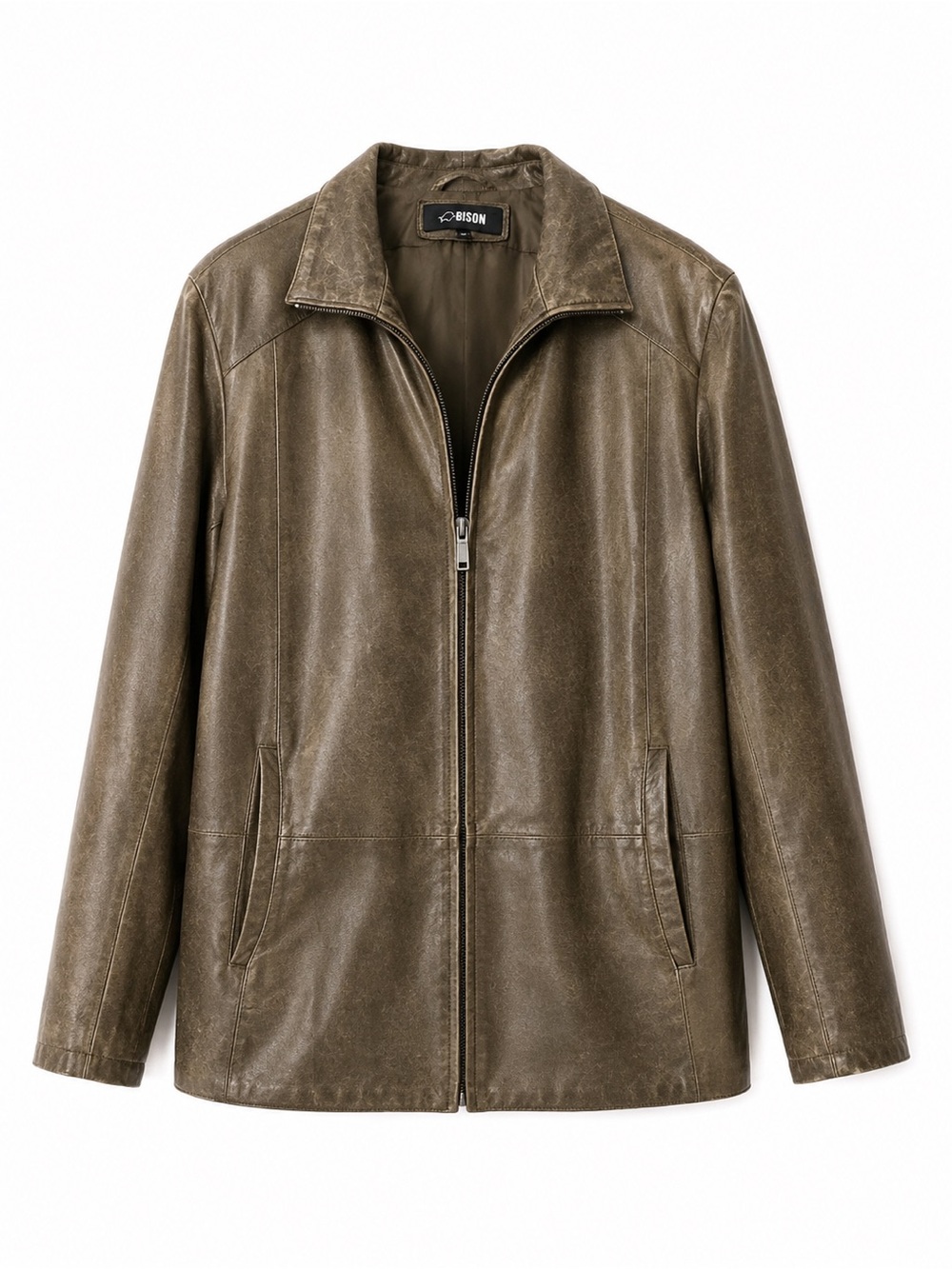Bison Italian Leather Jacket Khaki Brown Size 52 XL Made in Italy Vintage - Picture 3 of 11